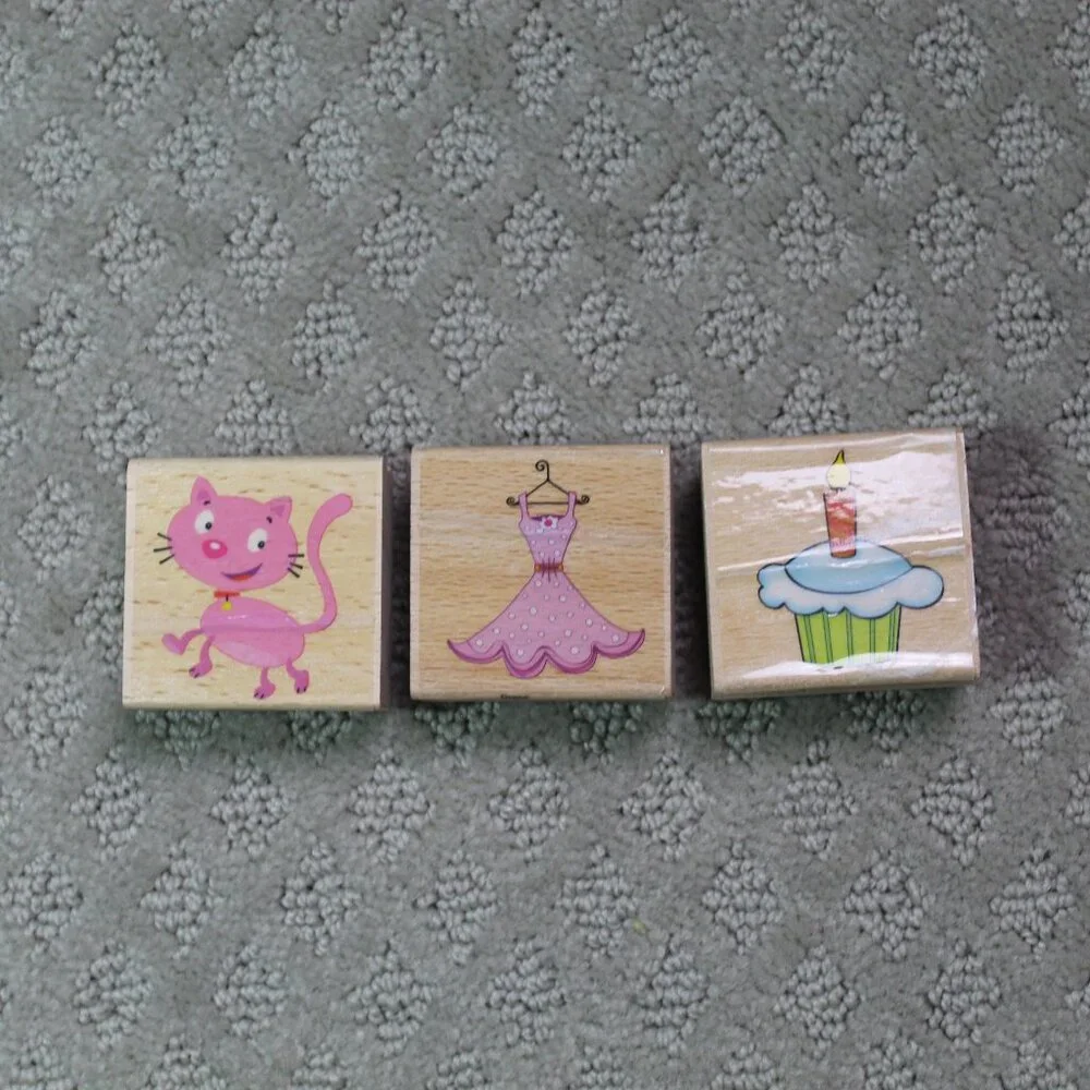 Lot of 3 Sarah Beise Good Preowned Cat, Cupcake, Dress Wood Mounted Stamps